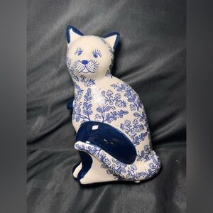 Blue & White Floral Ceramic Cat Figurine 8.5” Chinoiserie Cottagecore Decor